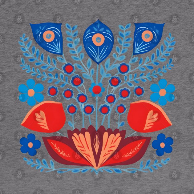 Blue and red floral scandinavian folk art by craftydesigns